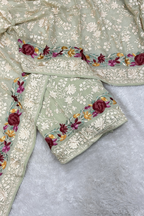 Pure Georgette With Parsi Work Unstitched Suit Set -  Light Pista Green