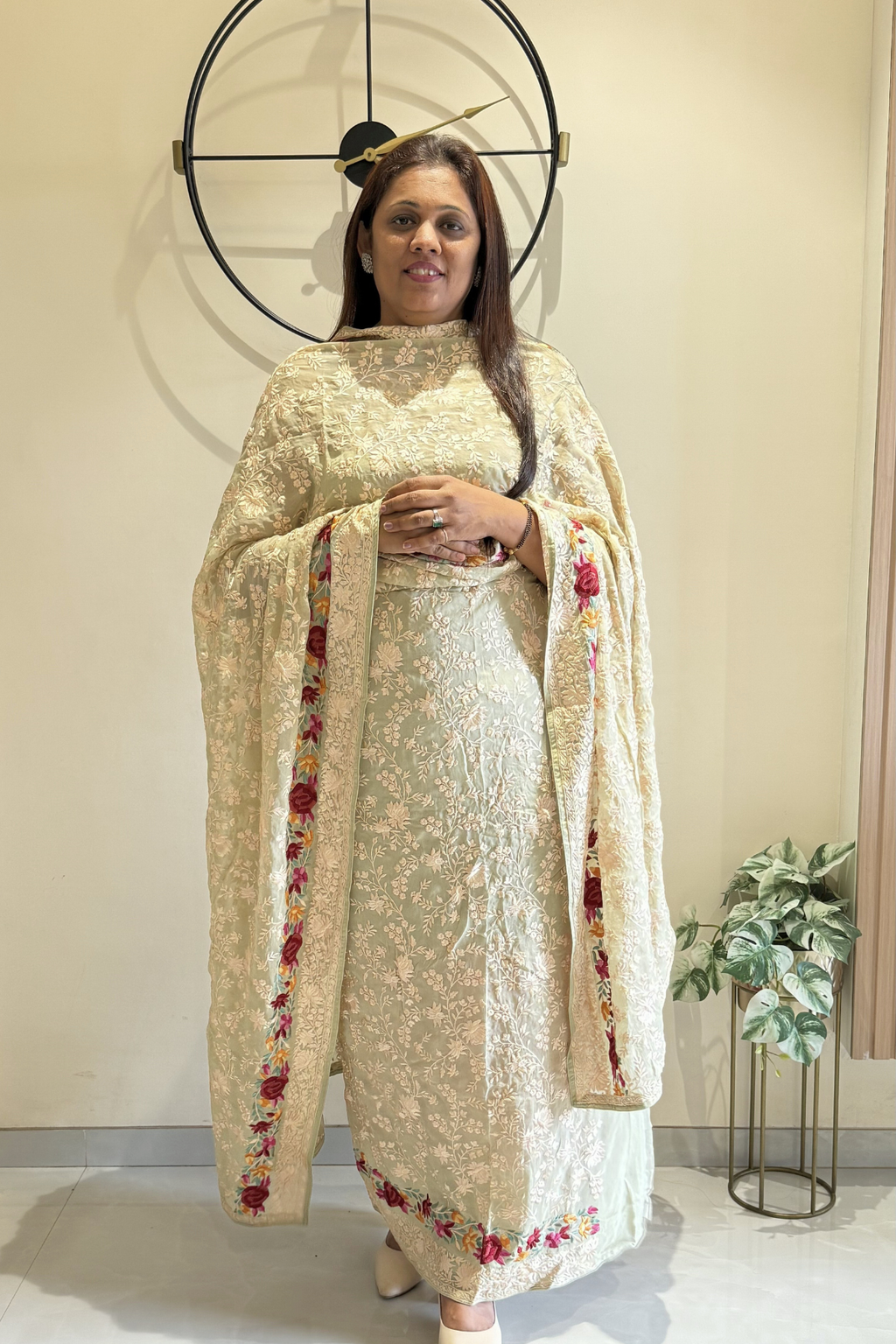 Pure Georgette With Parsi Work Unstitched Suit Set -  Light Pista Green