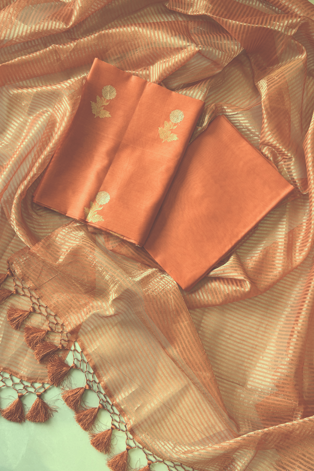 Pure Mul Chanderi With Kadwa Weaving -  Aprticot Orange