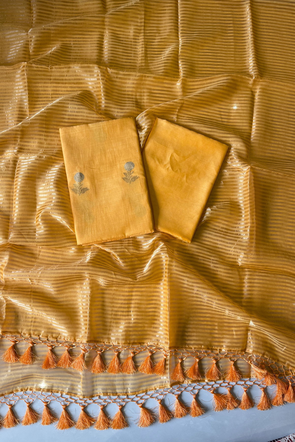Pure Mul Chanderi With Kadwa Weaving -   Light Orange Yellow