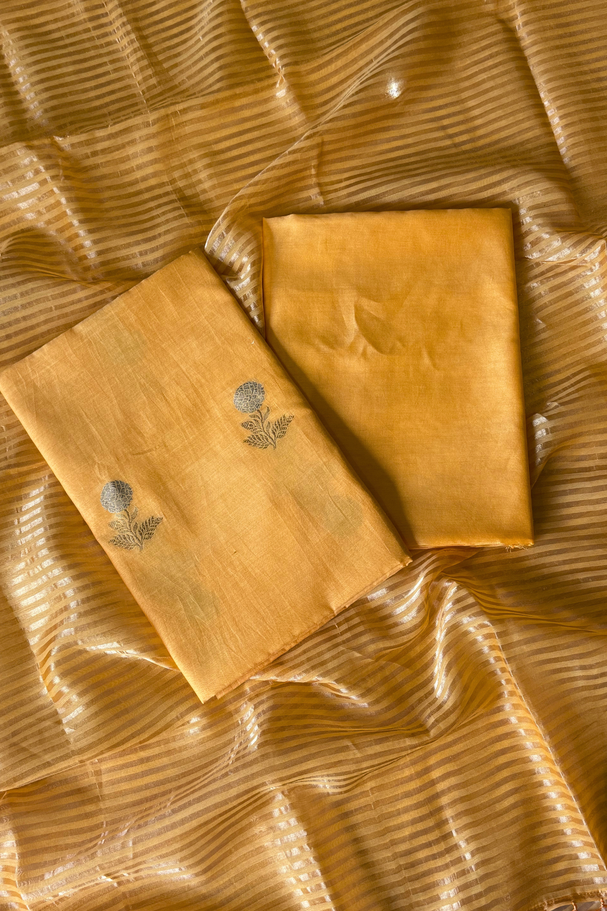 Pure Mul Chanderi With Kadwa Weaving -   Light Orange Yellow
