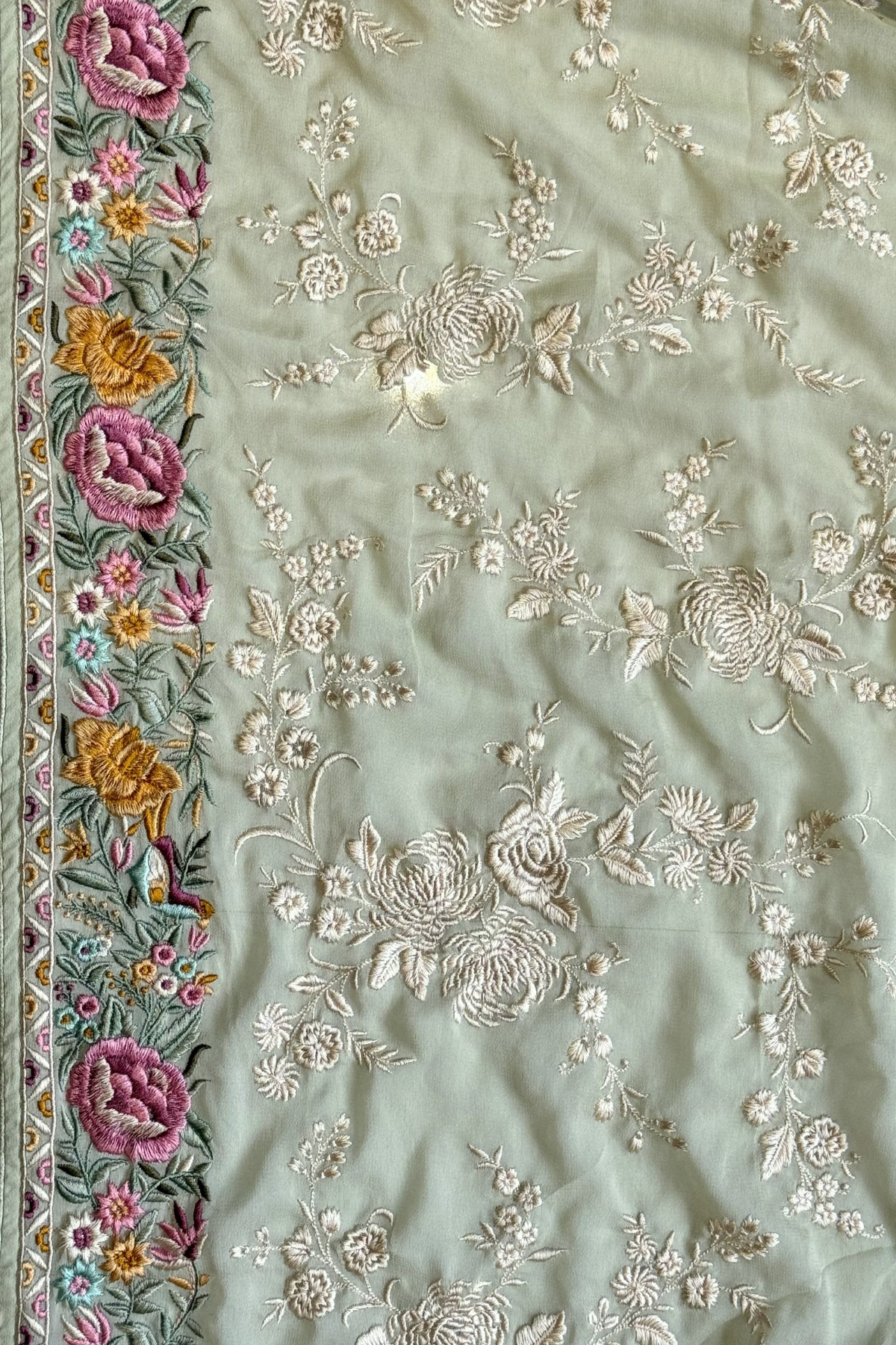 Pure Georgette With Parsi Work Unstitched Suit Set -  Light Pista Green