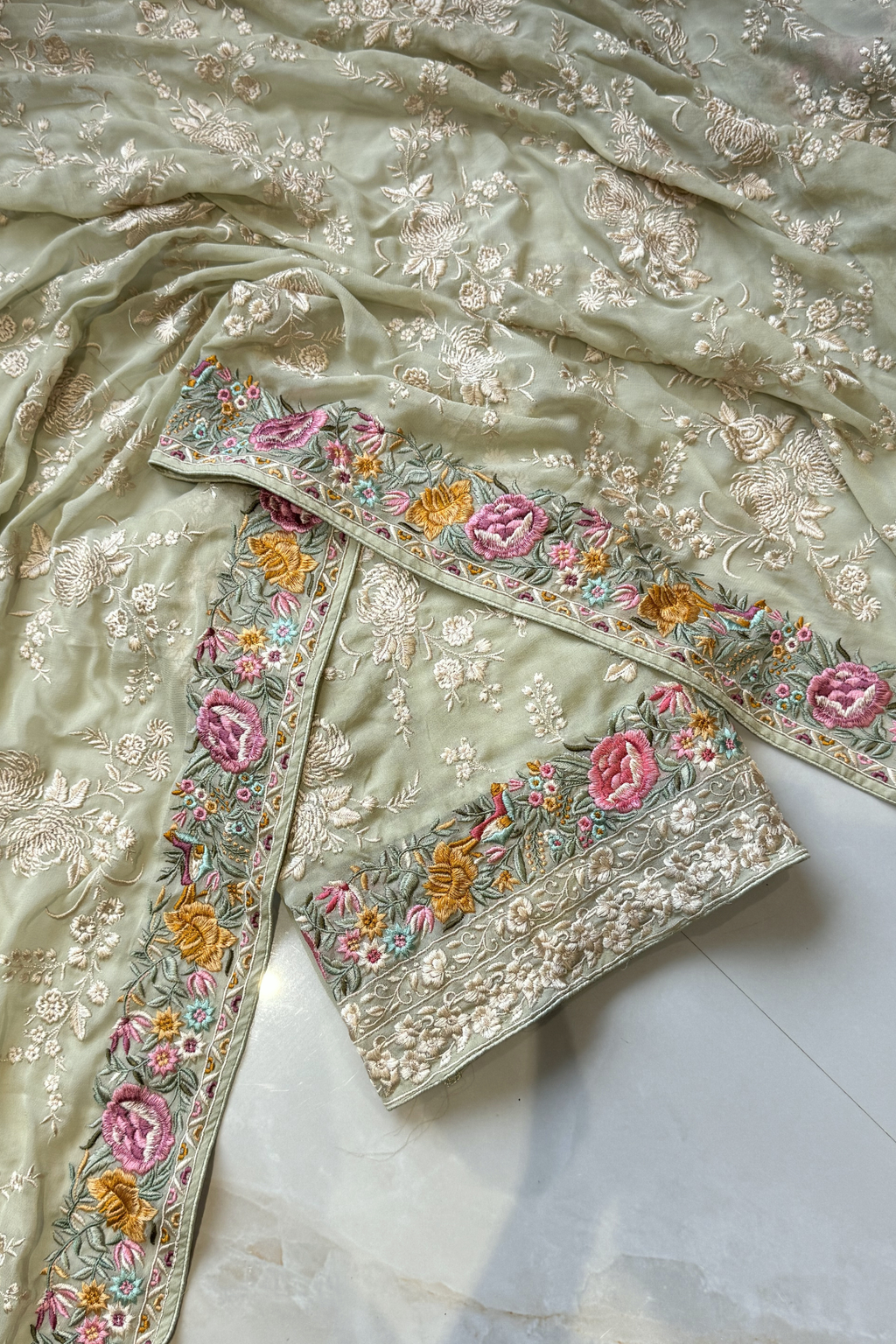 Pure Georgette With Parsi Work Unstitched Suit Set -  Light Pista Green