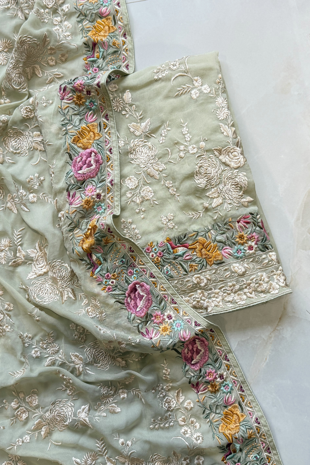 Pure Georgette With Parsi Work Unstitched Suit Set -  Light Pista Green