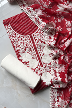 Pure Georgette With Parsi Work Unstitched Suit Set - Bright Red