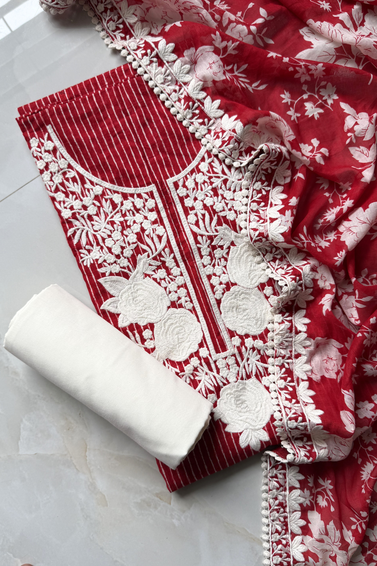 Pure Georgette With Parsi Work Unstitched Suit Set - Bright Red