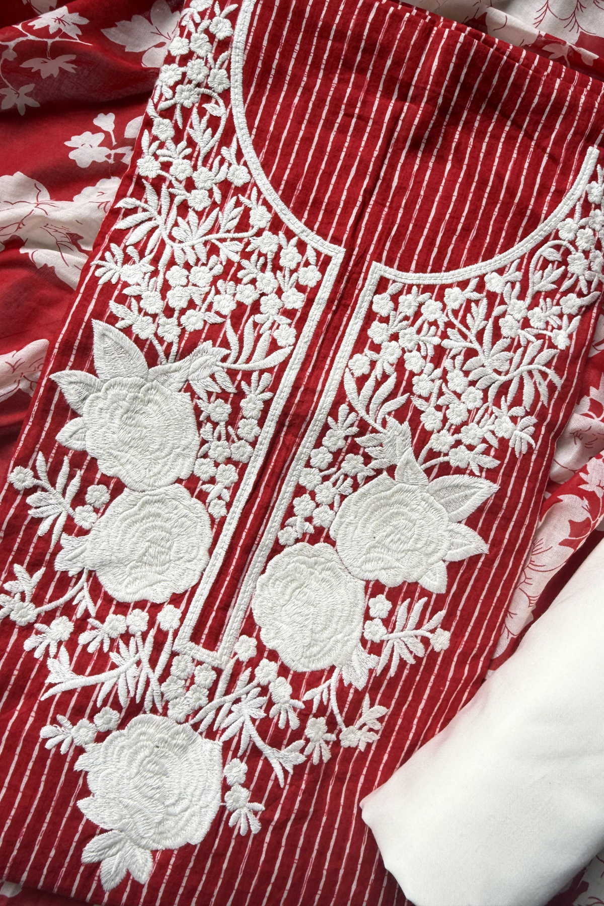 Pure Georgette With Parsi Work Unstitched Suit Set - Bright Red