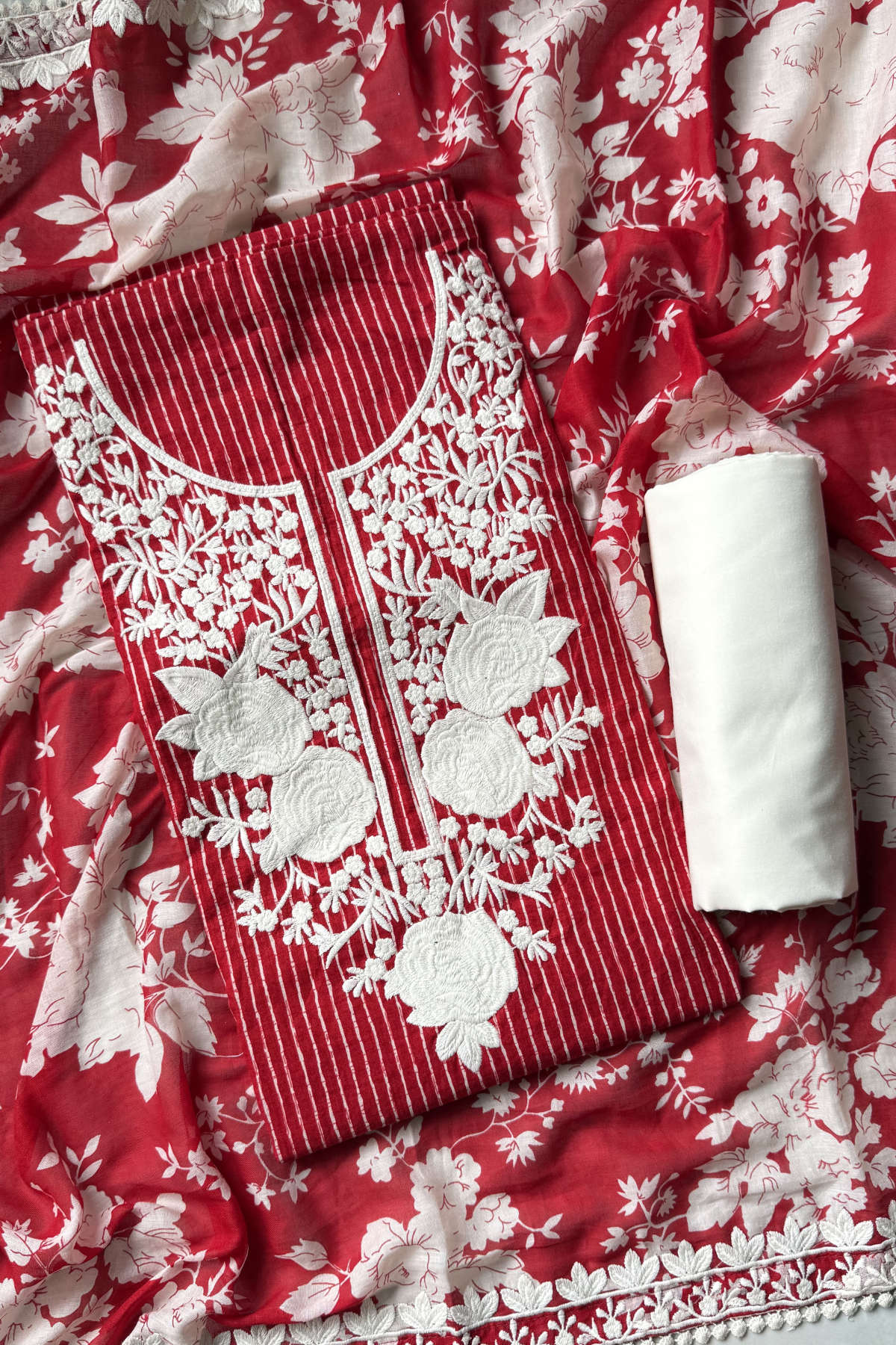 Pure Georgette With Parsi Work Unstitched Suit Set - Bright Red