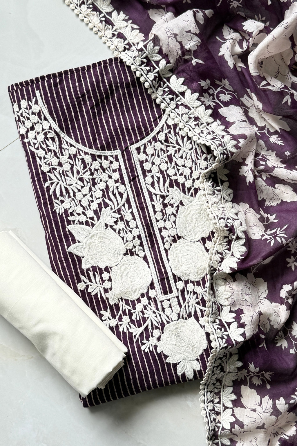 Pure Georgette With Parsi Work Unstitched Suit Set - Wine Purple
