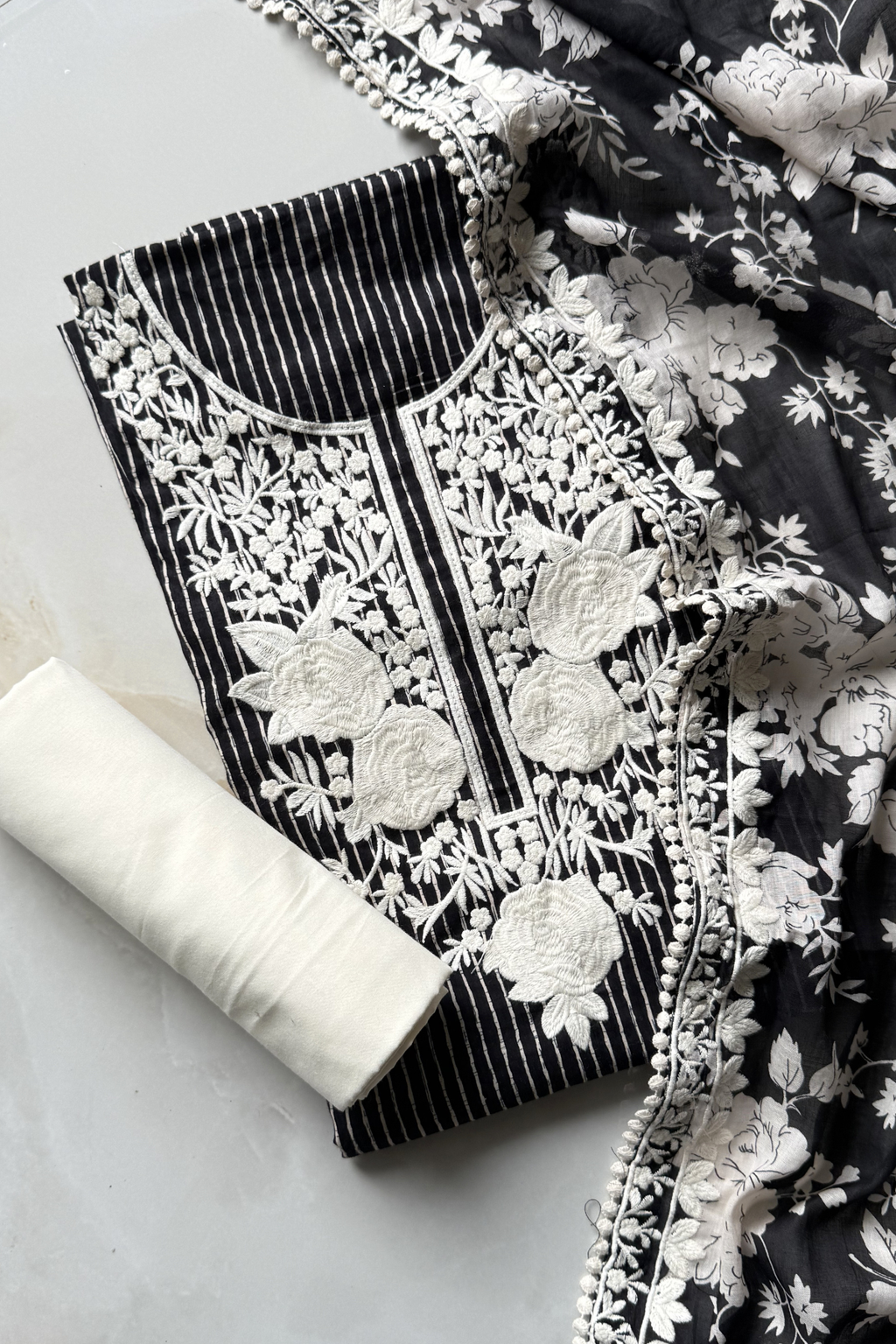 Pure Georgette With Parsi Work Unstitched Suit Set - Black