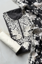 Pure Georgette With Parsi Work Unstitched Suit Set - Black