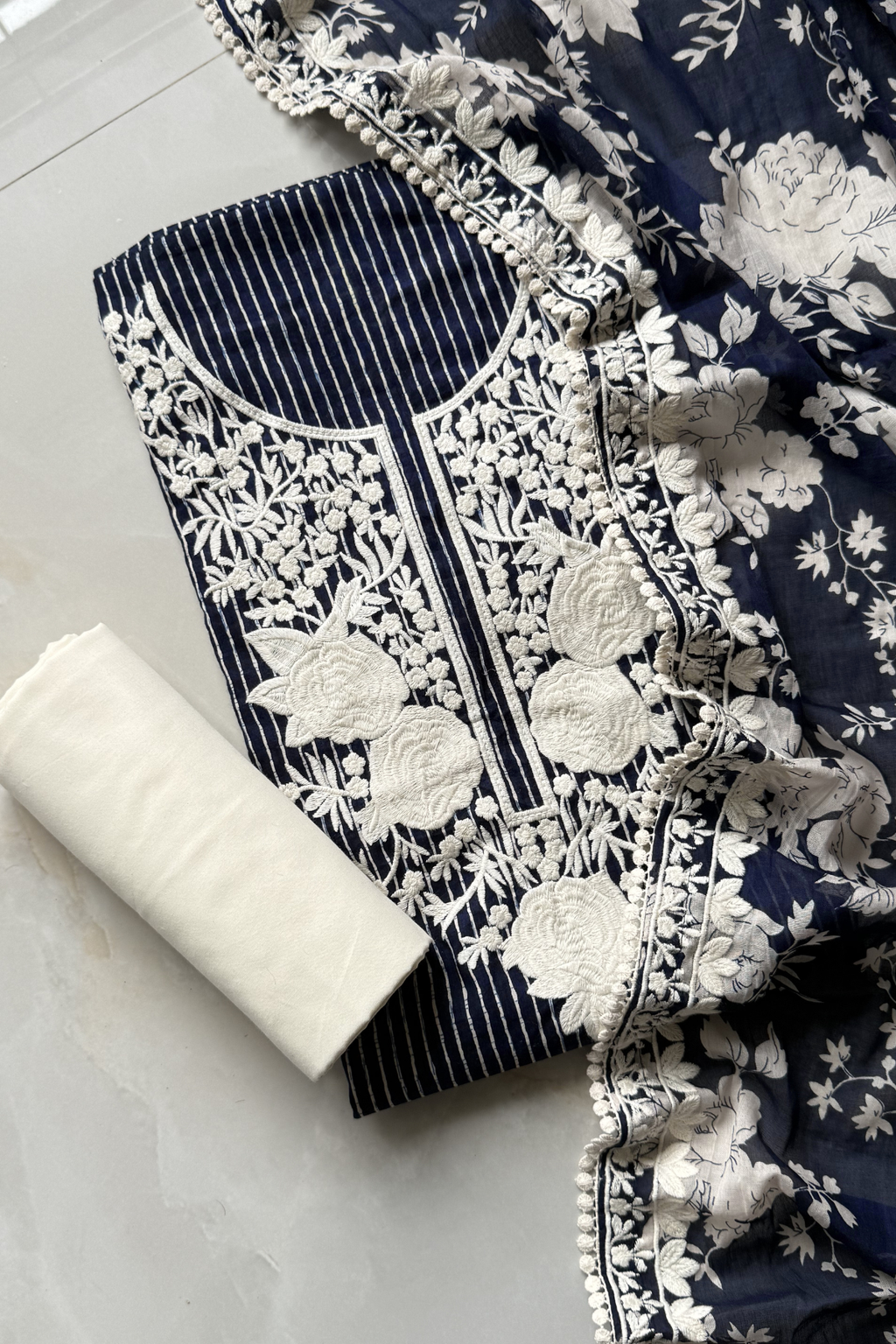 Pure Georgette With Parsi Work Unstitched Suit Set - navy Blue