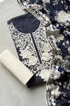 Pure Georgette With Parsi Work Unstitched Suit Set - navy Blue