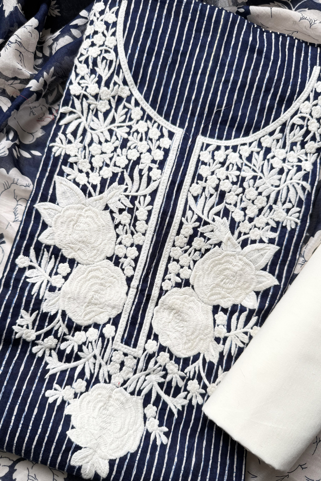 Pure Georgette With Parsi Work Unstitched Suit Set - navy Blue