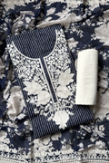 Pure Mul Cotton With Parsi Work Unstitched Suit Set - navy Blue