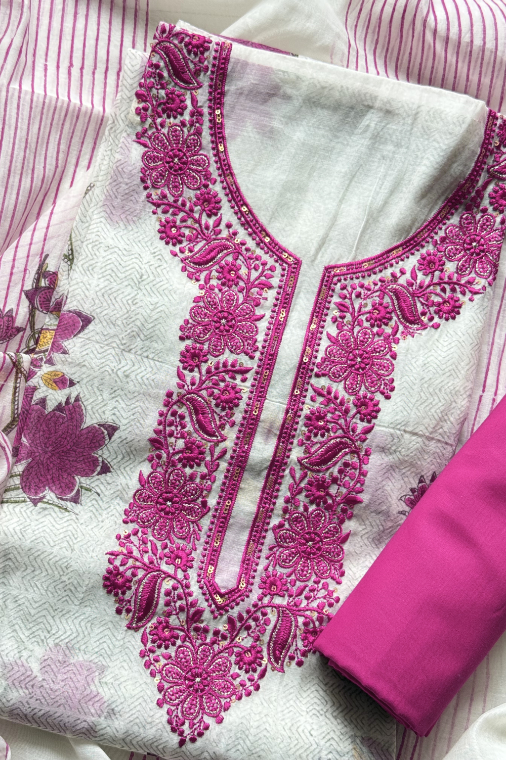 Mul Cotton With Embroidery Work Unstitched Suit Set - Off White