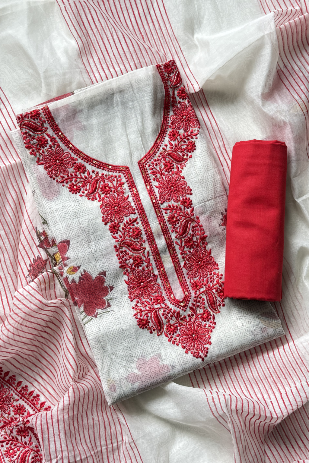 Mul Cotton With Embroidery Work Unstitched Suit Set - Off White