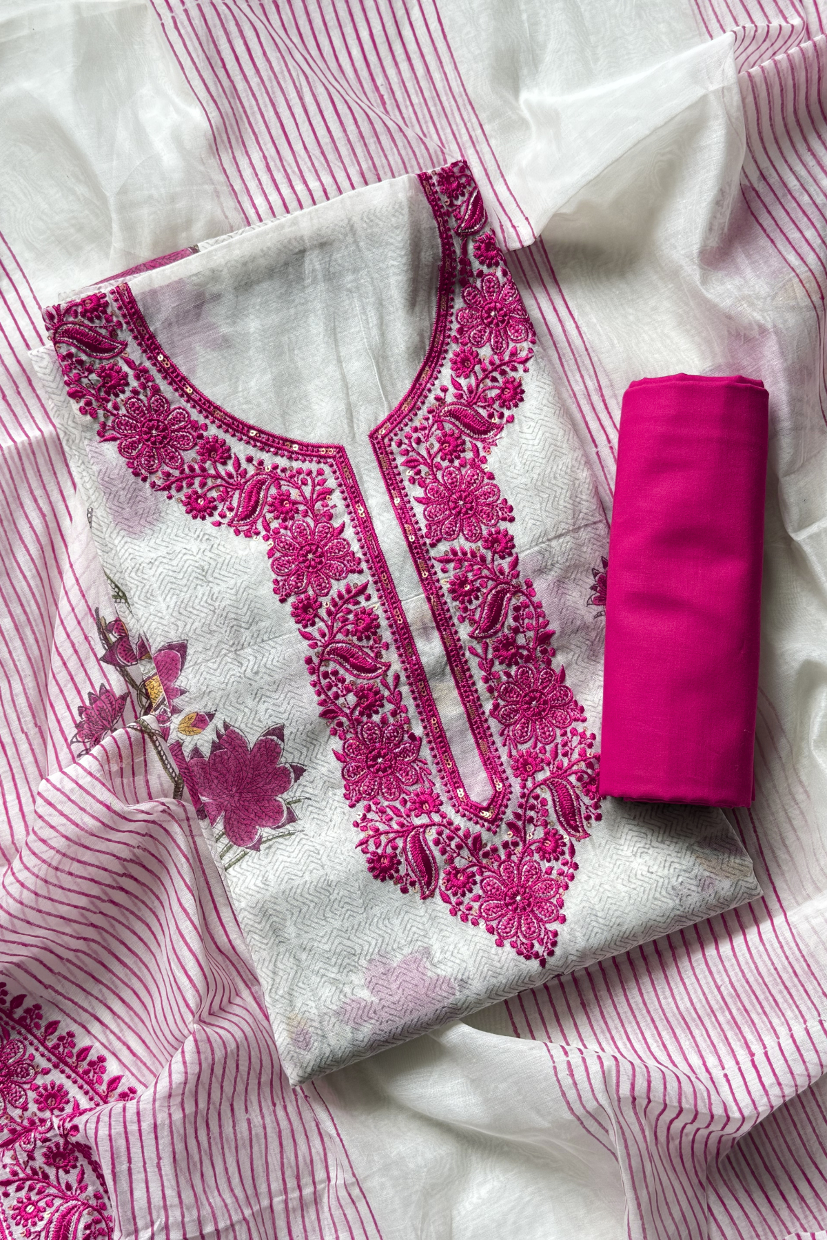 Mul Cotton With Embroidery Work Unstitched Suit Set - Off White