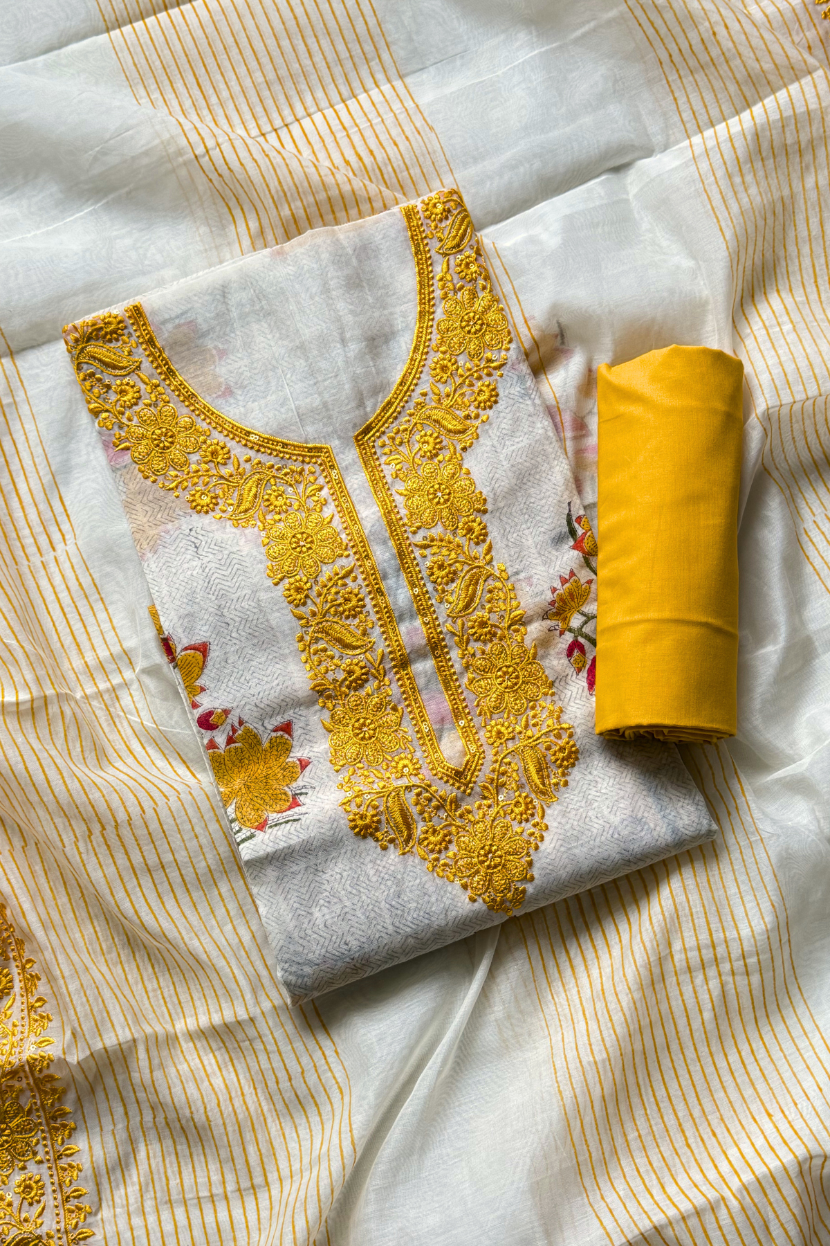Mul Cotton With Embroidery Work Unstitched Suit Set - Off White
