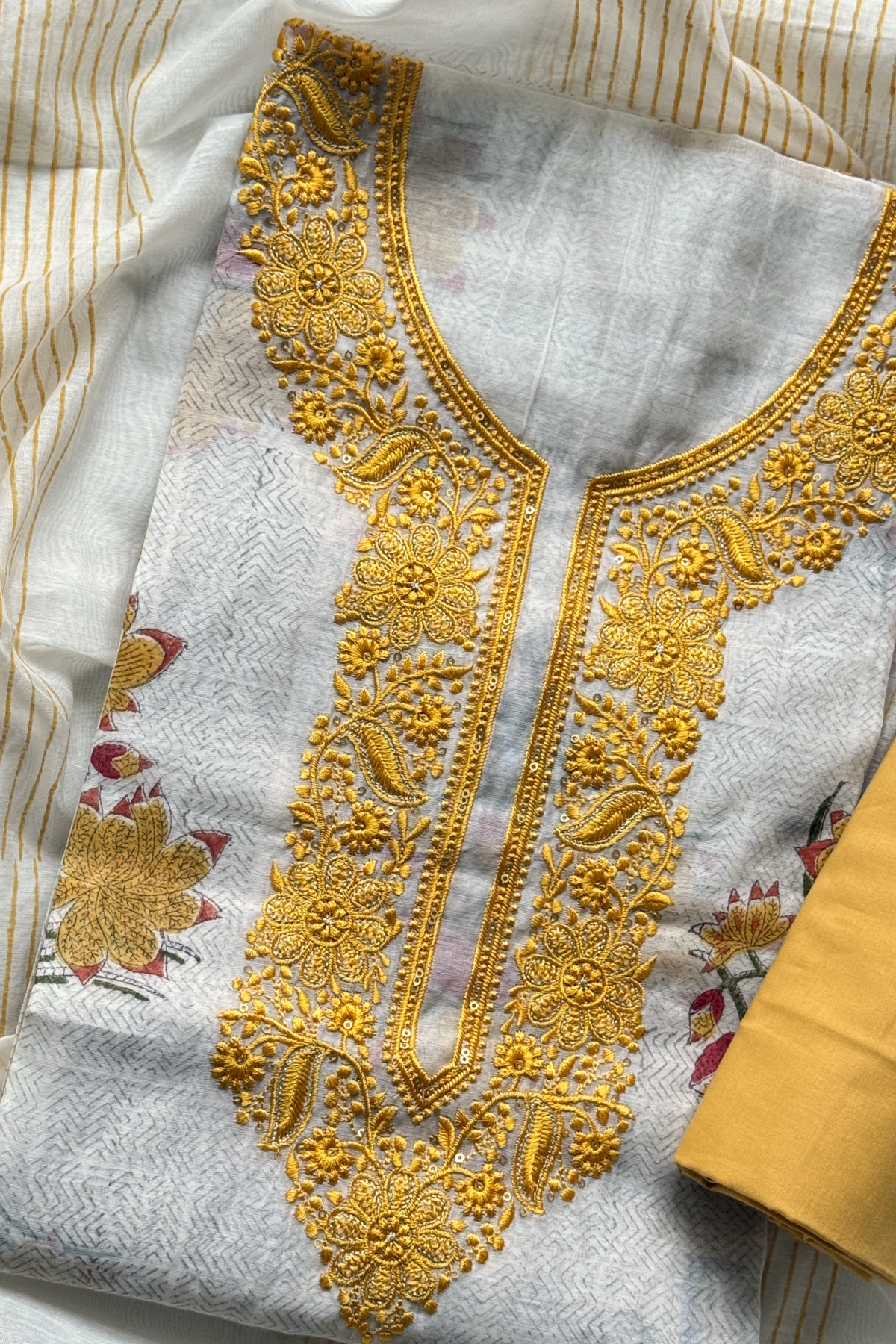 Mul Cotton With Embroidery Work Unstitched Suit Set - Off White