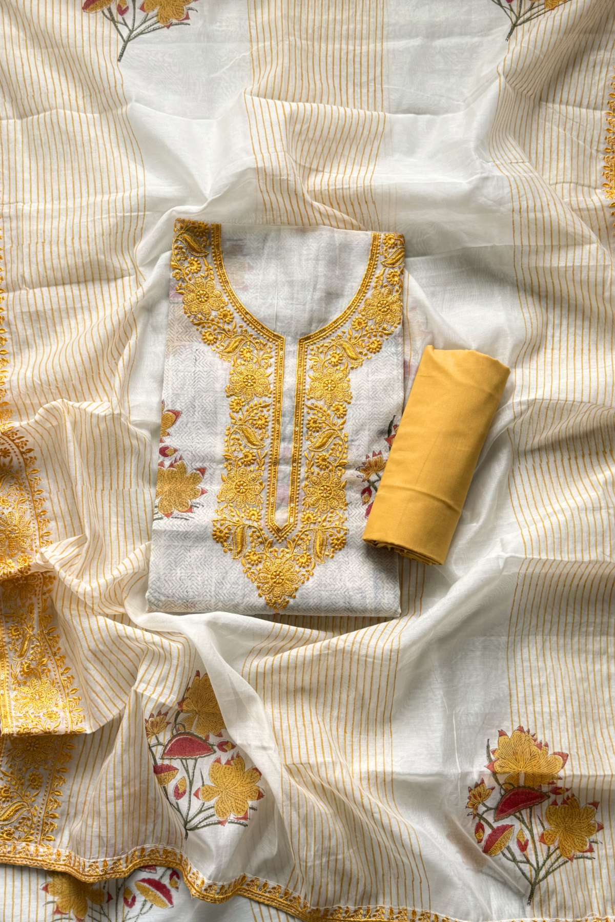 Mul Cotton With Embroidery Work Unstitched Suit Set - Off White
