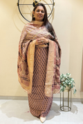 Hand Block bagh Printed Suit Set With Banarasi Weaving - Dusty Pinkish Brown Color