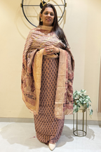 Hand Block bagh Printed Suit Set With Banarasi Weaving - Dusty Pinkish Brown Color
