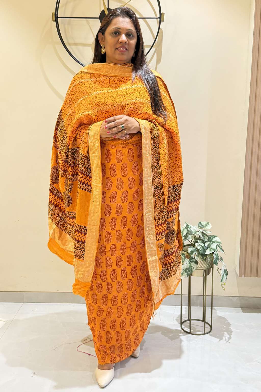 Hand Block bagh Printed Suit Set With Banarasi Weaving - Orange Yellow color