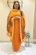 Hand Block bagh Printed Suit Set With Banarasi Weaving - Orange Yellow color