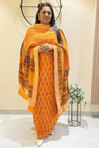 Hand Block bagh Printed Suit Set With Banarasi Weaving - Orange Yellow color