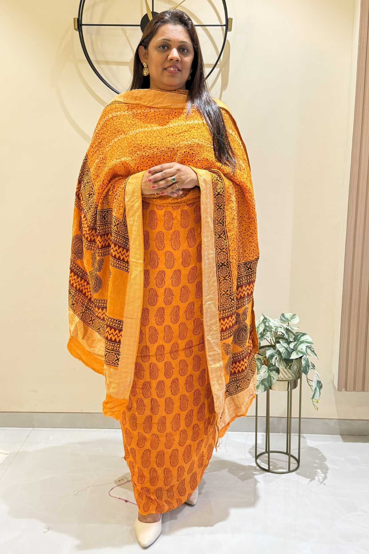 Hand Block bagh Printed Suit Set With Banarasi Weaving - Orange Yellow color