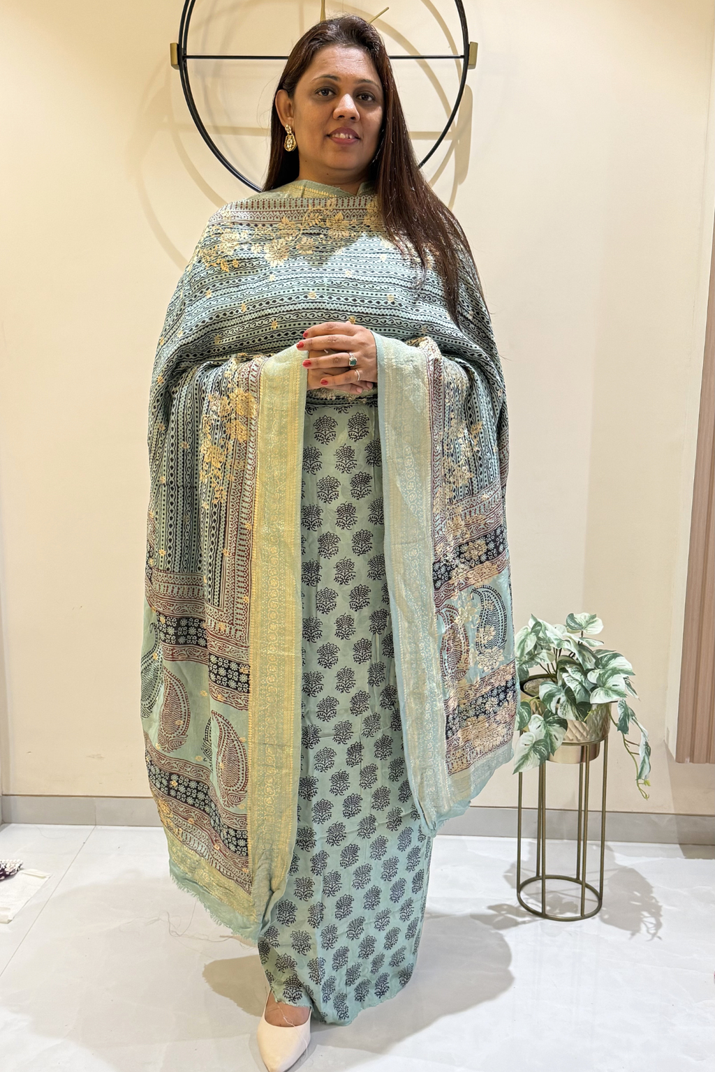 Hand Block bagh Printed Suit Set With Banarasi Weaving - Greenish Sea Blue color