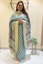 Hand Block bagh Printed Suit Set With Banarasi Weaving - Greenish Sea Blue color
