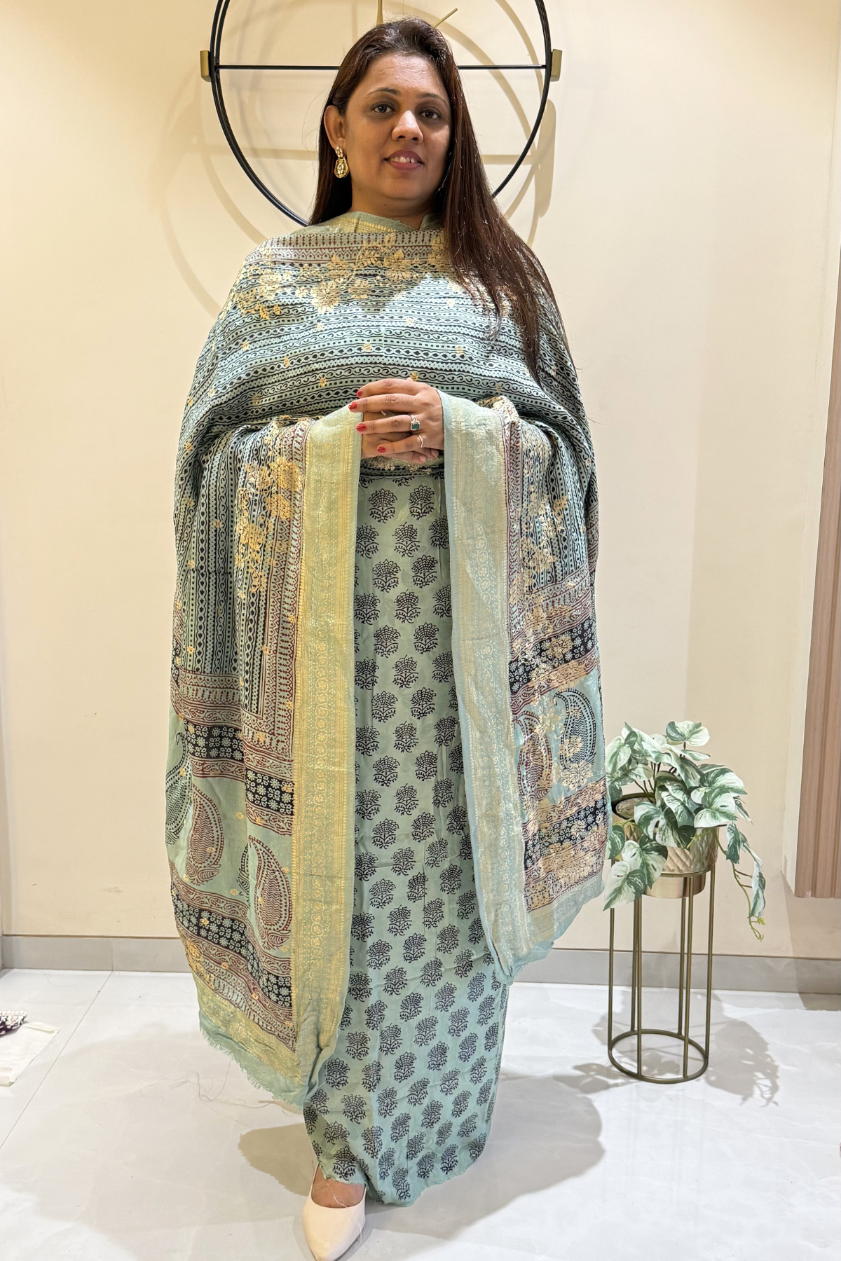 Hand Block bagh Printed Suit Set With Banarasi Weaving - Greenish Sea Blue color