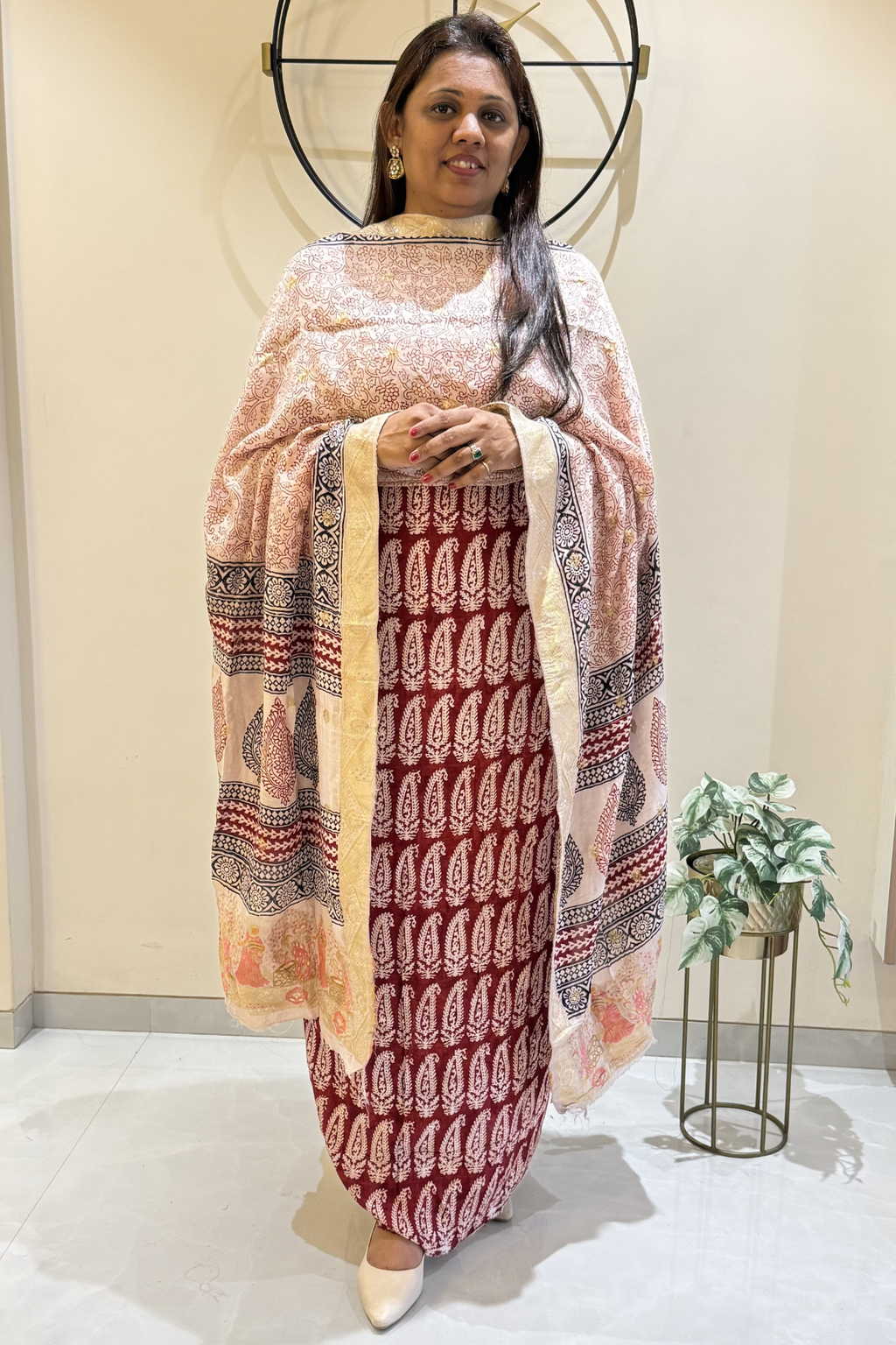 Hand Block bagh Printed Suit Set With Banarasi Weaving - Red Maroon Color