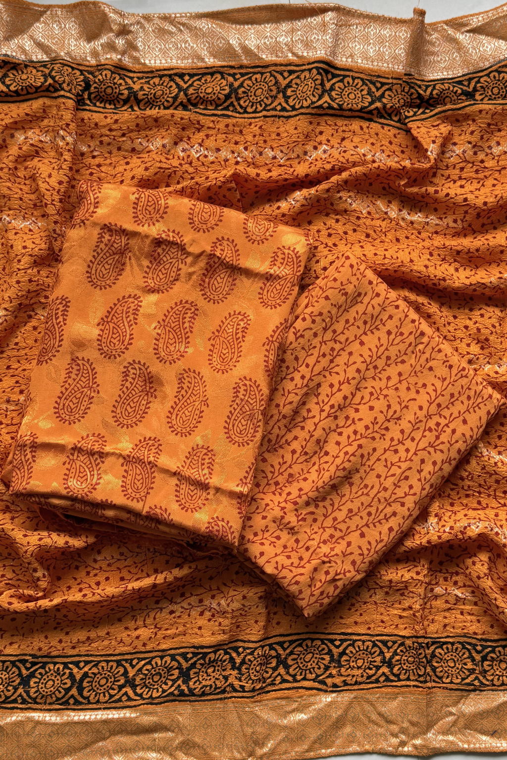 Hand Block bagh Printed Suit Set With Banarasi Weaving - Orange Yellow color