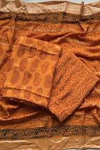 Hand Block bagh Printed Suit Set With Banarasi Weaving - Orange Yellow color