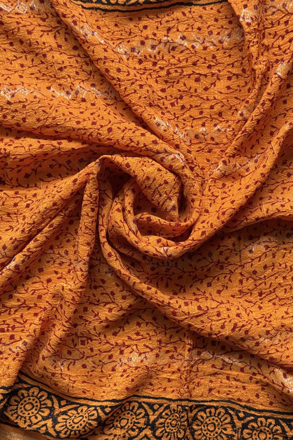 Hand Block bagh Printed Suit Set With Banarasi Weaving - Orange Yellow color