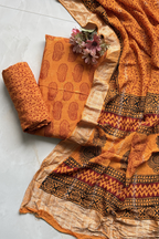 Hand Block bagh Printed Suit Set With Banarasi Weaving - Orange Yellow color
