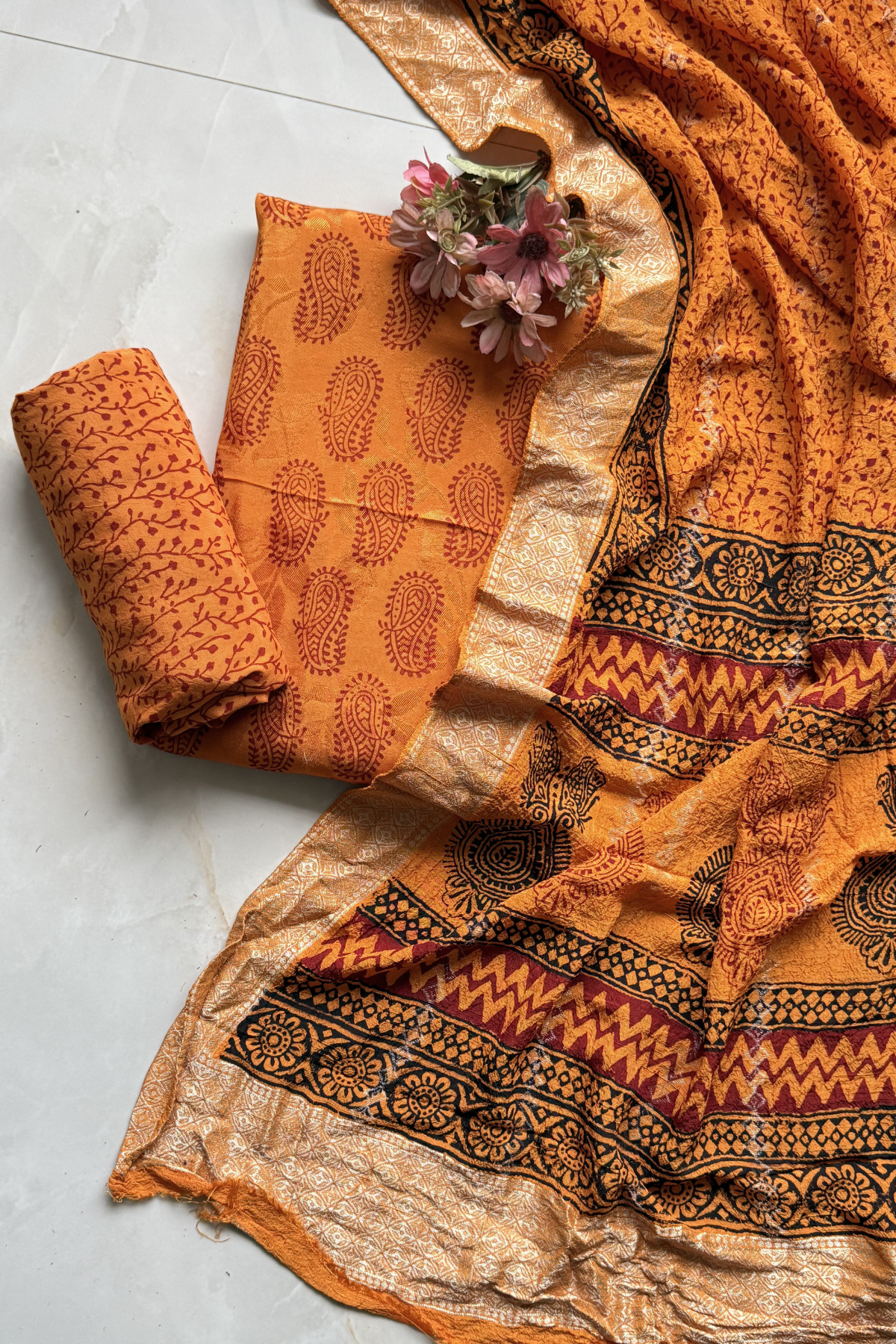 Hand Block bagh Printed Suit Set With Banarasi Weaving - Orange Yellow color