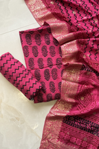 Hand Block bagh Printed Suit Set With Banarasi Weaving - Rani Pink Color