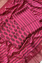Hand Block bagh Printed Suit Set With Banarasi Weaving - Rani Pink Color
