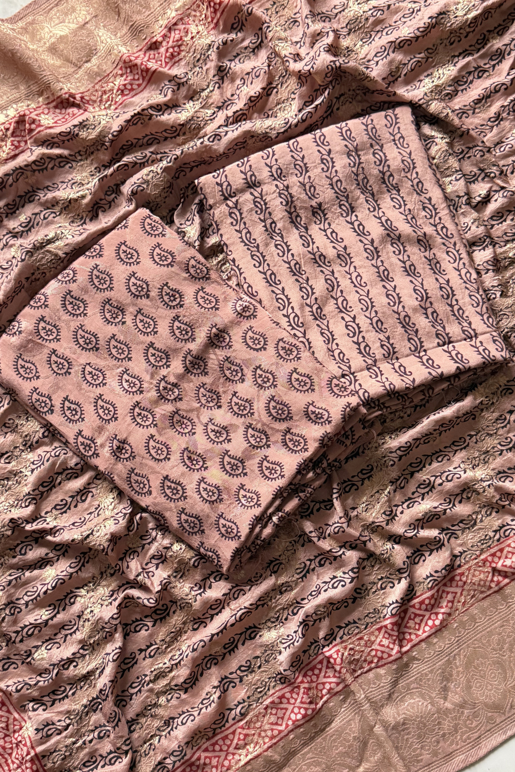 Hand Block bagh Printed Suit Set With Banarasi Weaving - Dusty Pinkish Brown Color