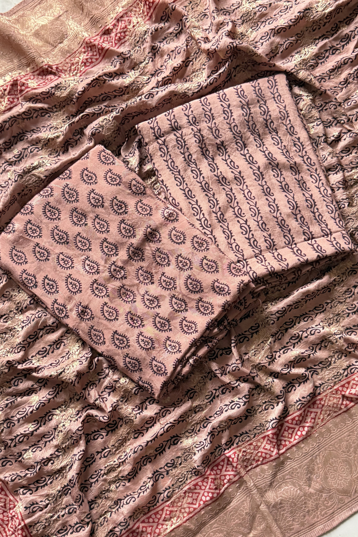 Hand Block bagh Printed Suit Set With Banarasi Weaving - Dusty Pinkish Brown Color
