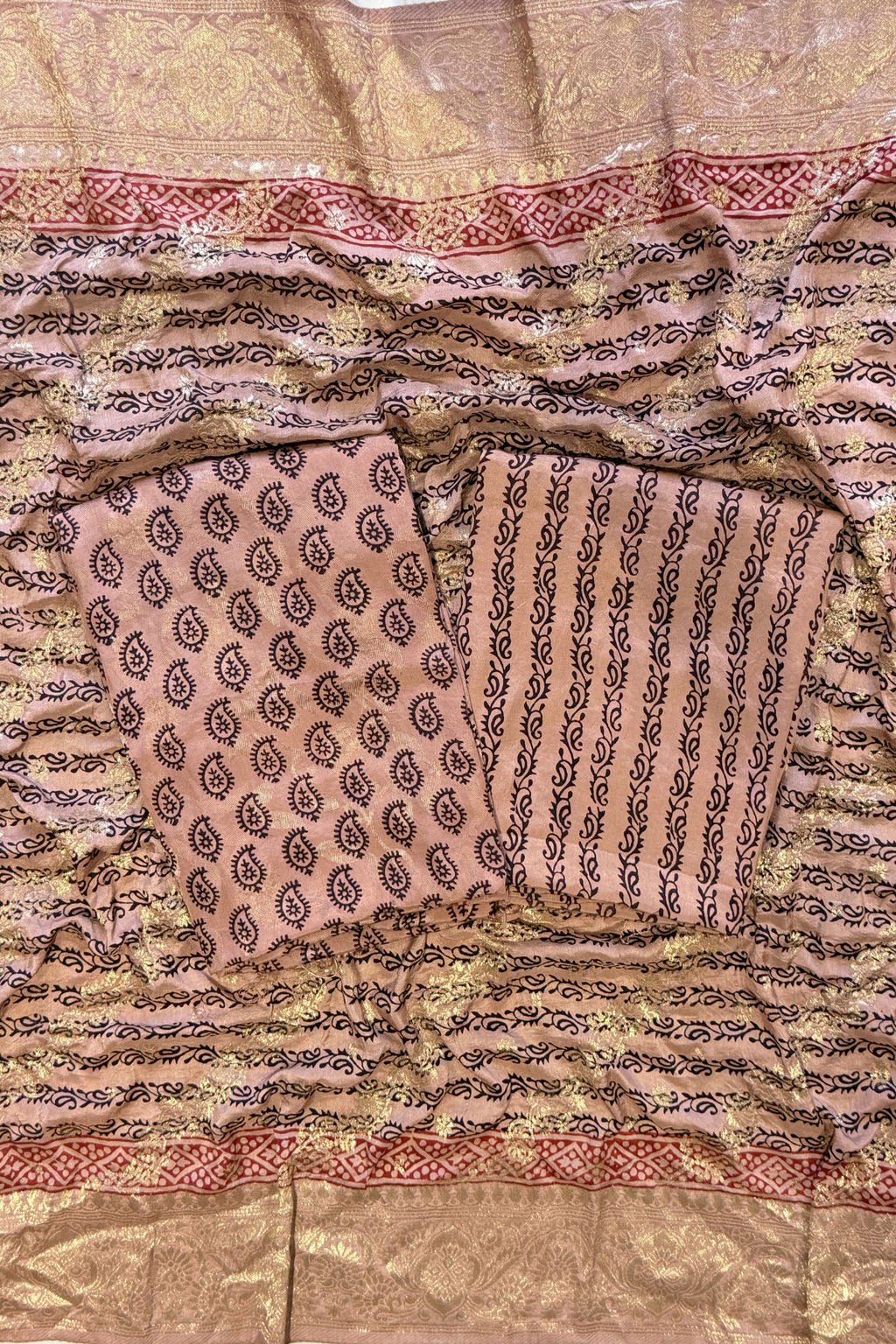 Hand Block bagh Printed Suit Set With Banarasi Weaving - Dusty Pinkish Brown Color