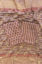 Hand Block bagh Printed Suit Set With Banarasi Weaving - Dusty Pinkish Brown Color