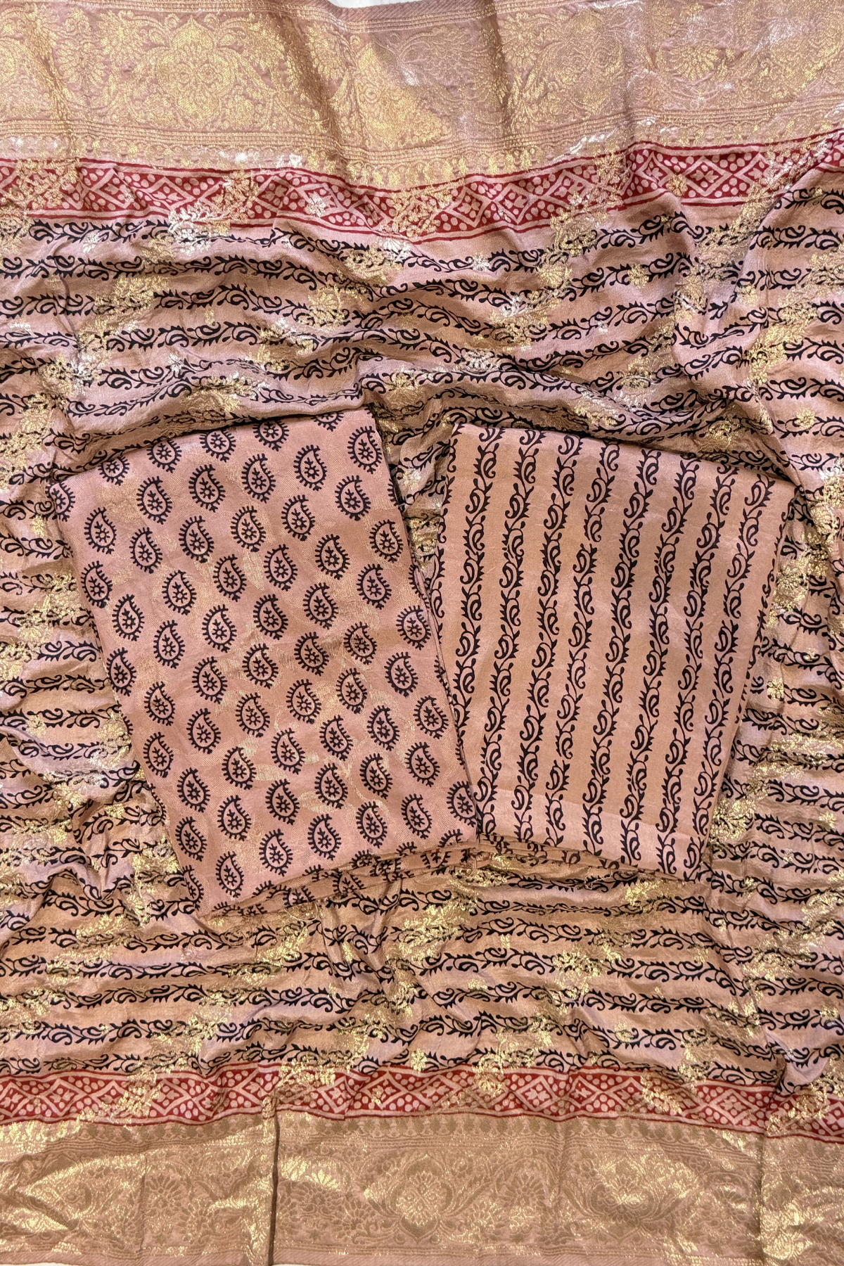 Hand Block bagh Printed Suit Set With Banarasi Weaving - Dusty Pinkish Brown Color