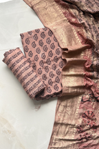 Hand Block bagh Printed Suit Set With Banarasi Weaving - Dusty Pinkish Brown Color