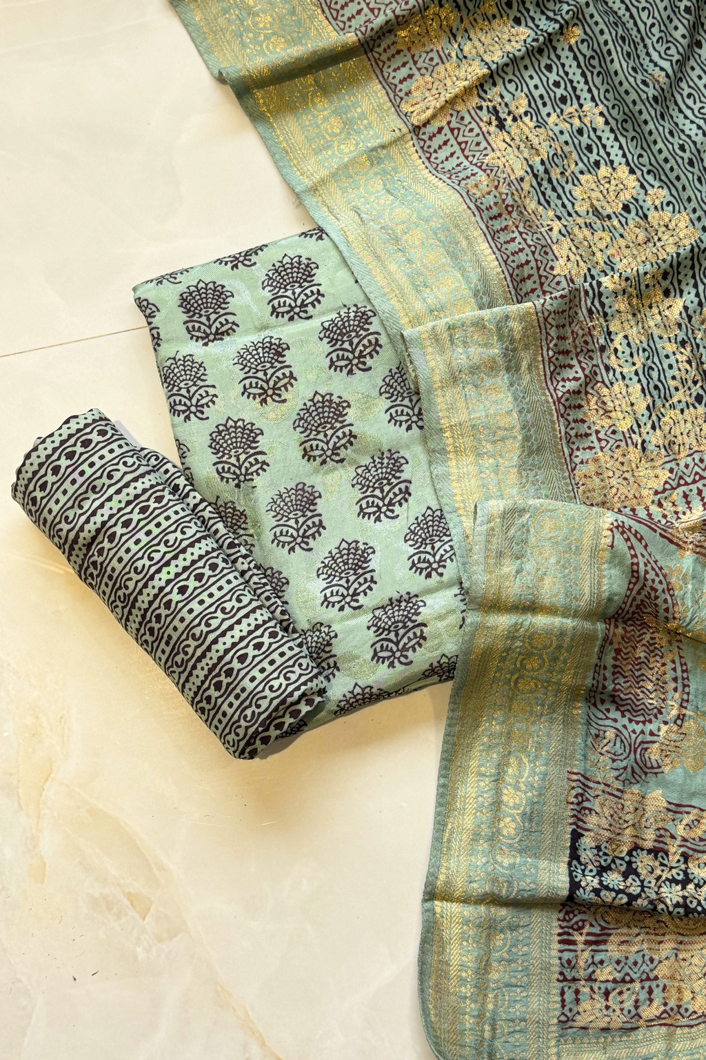 Hand Block bagh Printed Suit Set With Banarasi Weaving - Greenish Sea Blue color