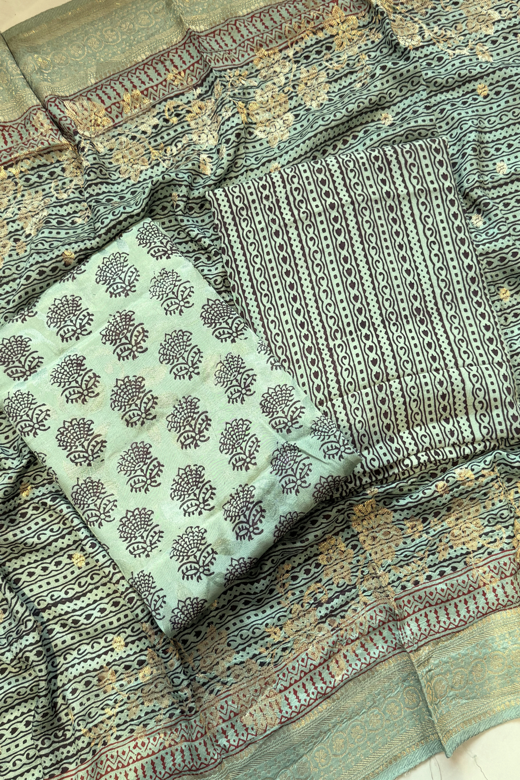 Hand Block bagh Printed Suit Set With Banarasi Weaving - Greenish Sea Blue color